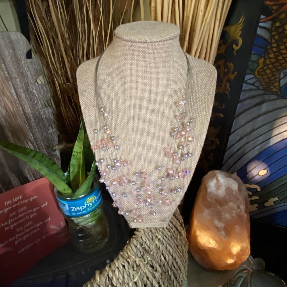 Pink Crystal Multi Strand Layered Necklace